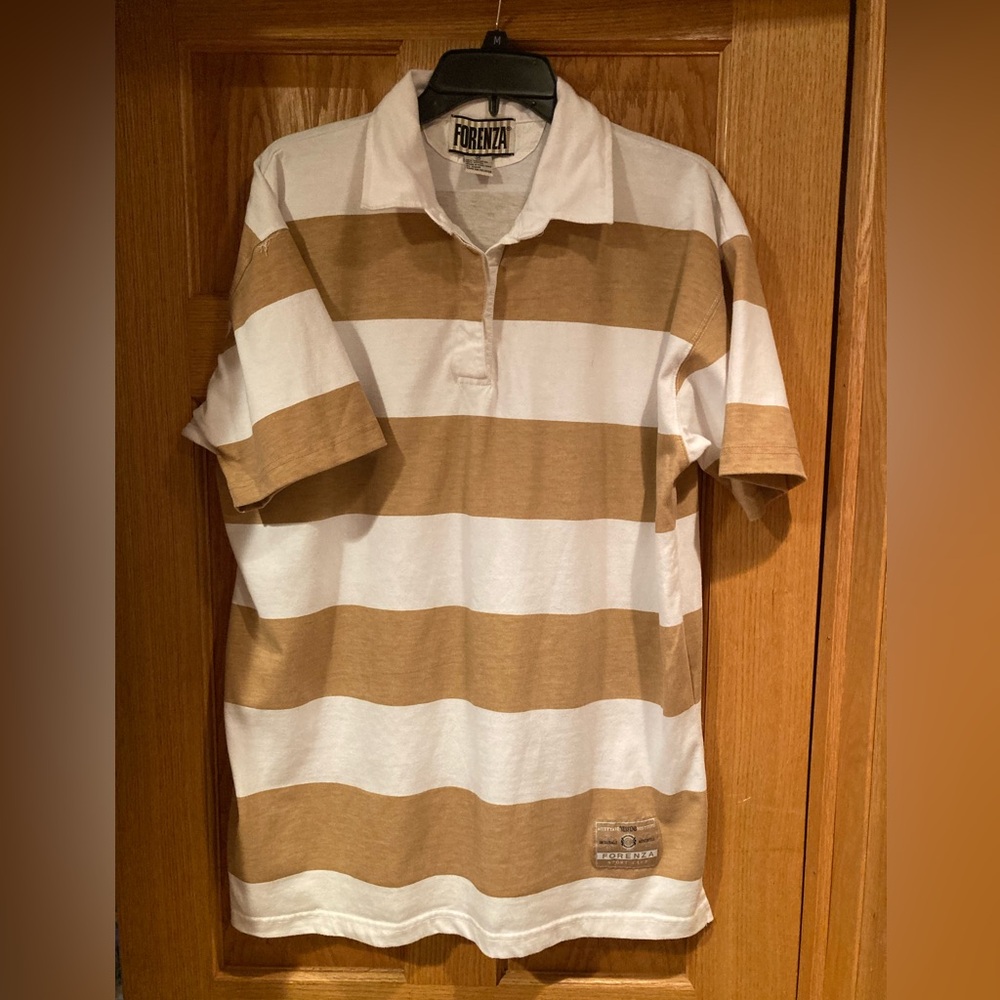 Vintage ladies Forenza polo. Tan and white stripe. Polyester and cotton.